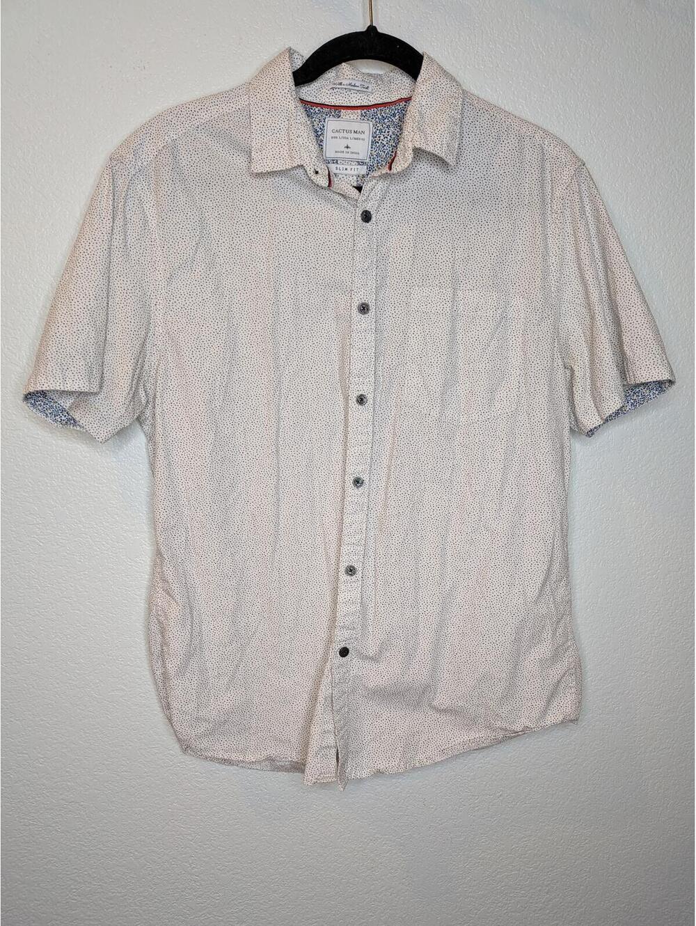 Cactus Man Short Sleeve Button Down Shirt White Micro Print Slim Fit Size Large
